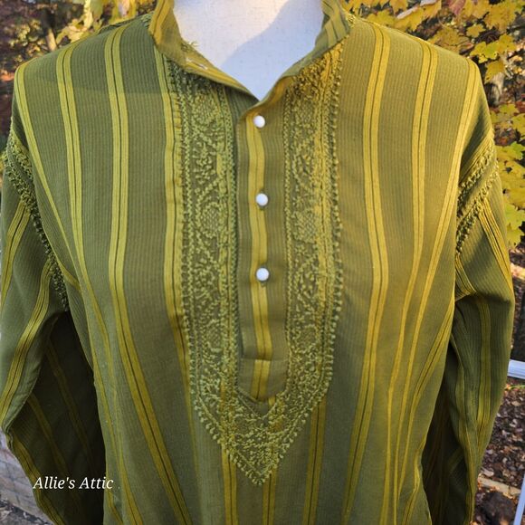 Vtg 70s Mod Handmade Mini Dress Long Sleeve Green Stripe Buttons Pockets M/L* - Picture 2 of 7